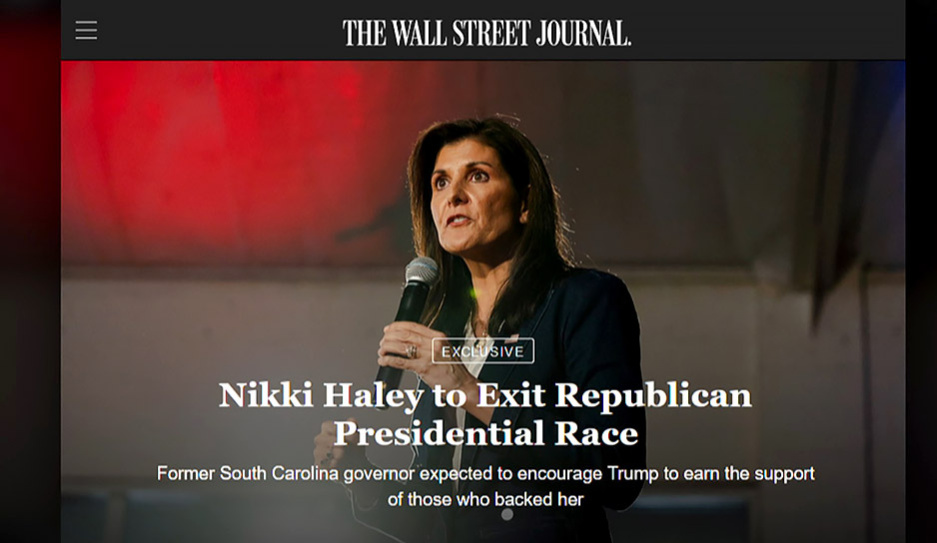 Газета The Wall Street Journal сообщила, что Никки Хейли объявит о приостановке участия в избирательной кампании в США